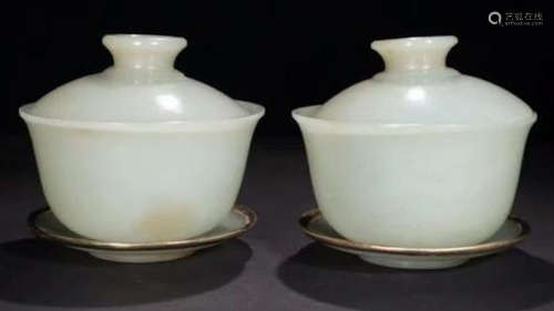 PAIR HETIAN JADE CARVED GILT SILVER CUPS