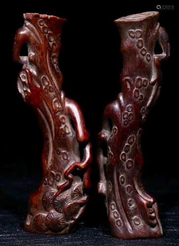 PAIR CHENXIANG WOOD CARVED PINE SHAPED PENDANT