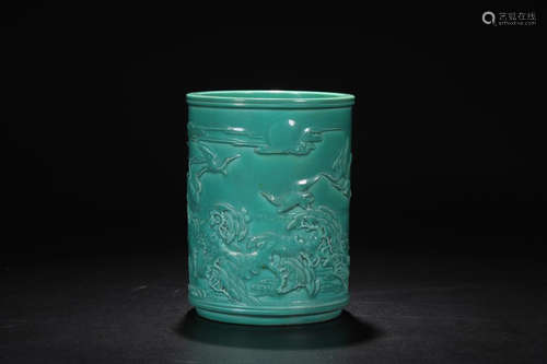 A TURQUOISE STONE BRUSH POT WITH 