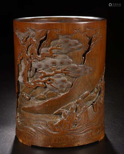 A BAMBOO LANDSCAPE CARVED BRUSH HOLDER