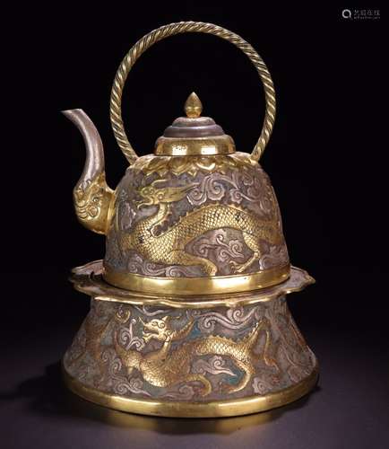 A SET OF CHINESE GILT SILVER TEAPOT & CUP W/ A STAND, LIAOJIN D.