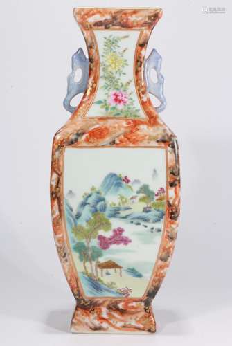 QIANLONG MARK, CHINESE FAMILLE ROSE SQUARE VASE