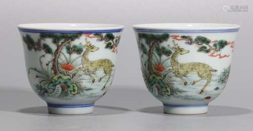 PAIR OF CHINESE BLUE & WHITE W/ FAMILLE ROSE COLORED CUP