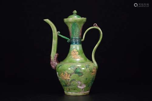 CHINESE CARVED GREEN GLAZED TEA POT W/ COVER,