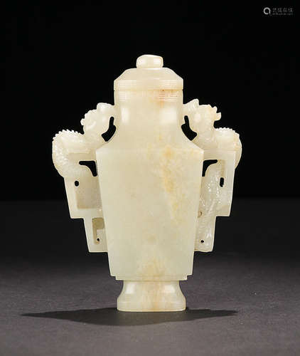 A HETIAN JADE VASE WITH DRAGON-EAR& LID