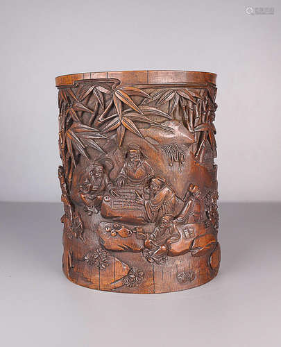 A BAMBOO CHARACTER STORY BRUSH POT