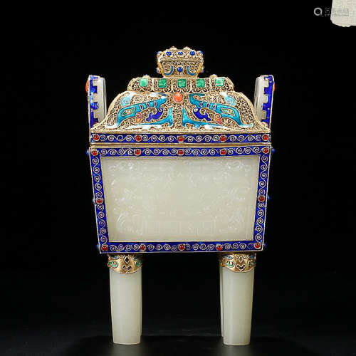 A HETIAN JADE SQUARE TRIPOD ORNAMENT WITH CLOISONNE& SILVER EMBEDDED