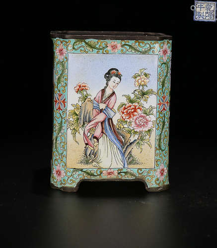 A BRONZE& ENAMELED CHARACTER STORY SQUARE BRUSH POT