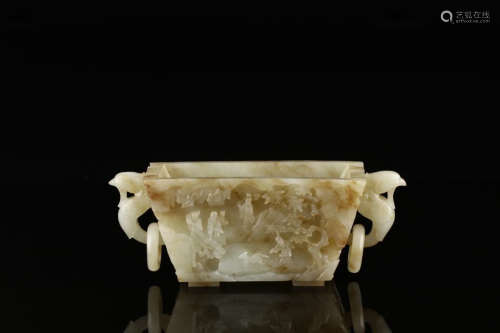 A HETIAN JADE CARVED CHARACTER STORY SQUARE CUP
