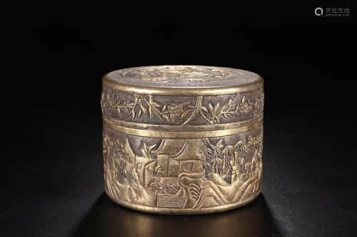 A GILT SILVER LANDSCAPE AND CHARACTER PATTERN BOX