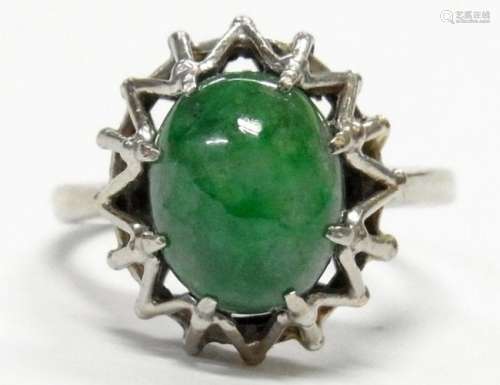 14k White Gold Green Jadeite Jade Solitaire MCM Ring