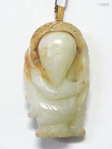 Antique Muttonfat Jade 18k Gold Chinese Buddha Pendant