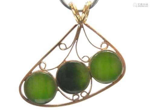 Antique Spinach Jade 9k Rose Gold 3 Stone Pendant