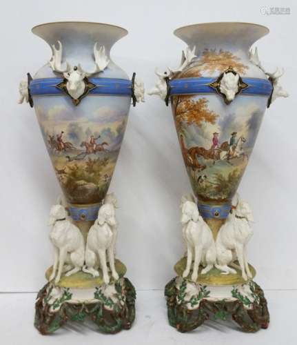 Pr Antique Large Sevres French Fox Hunt Porcelain Urns