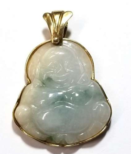 Jadeite Jade Untreated Carved Large Buddha in 10k Gold