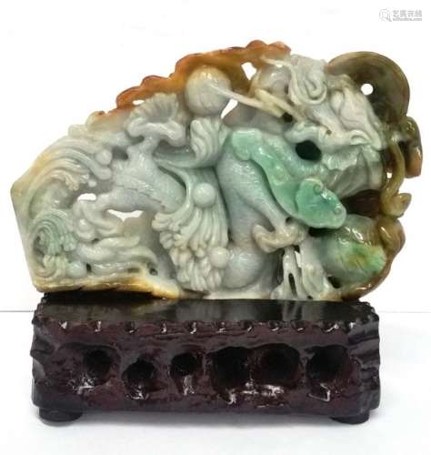 Antique Chinese Rust Green Jadeite Jade Dragon Carving