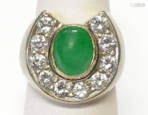 1950s Fine Diamond Jadeite 14k Gold Mens Horseshoe Ring