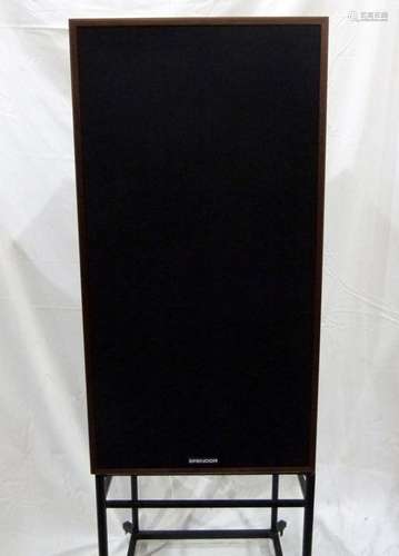 Pair of Spendor SP100R2 speakers in dark wood cases, on metal stands