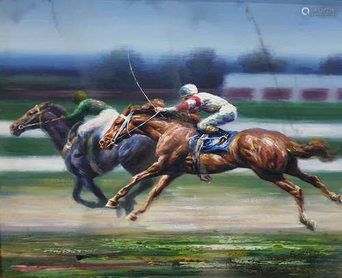 Oil on canvas Burnett Racing to the Finish - racehorses at full stretch, signed lower right Burnett