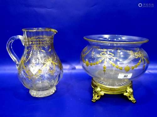 Gilt and clear floral bowl with everted rim, ribbon and husk swag decorated, cut glass circular foot