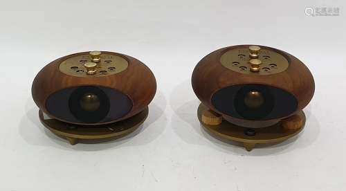 Two Tannoy super-tweeters in stained figured wood cases and brass-coloured metal stands, with