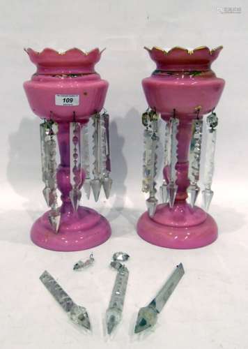 Pair gilt pink opaque and clear glass lustres, each with pointed scalloped everted rim, shaped