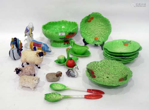 Carlton Ware majolica green-glazed part salad service, leaf and tomato-moulded, to include: a footed