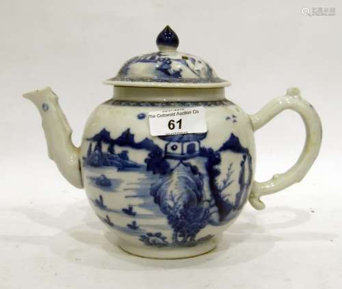 18th century Chinese blue and white export porcelain teapot bullet-shape, painted with mountainous