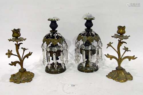 Pair of gilt metal and cut glass lustre table candlesticks, each with twelve cut prismatic drops,