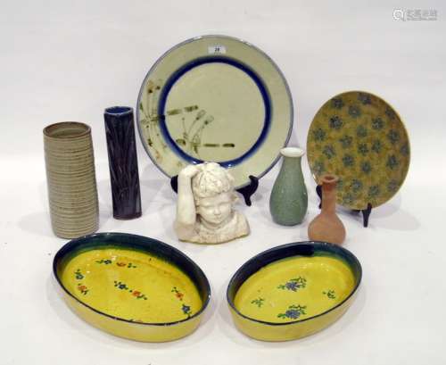 Various items of pottery, to include a tin-glazed bust of a child - 16 cm. high, a pottery charger