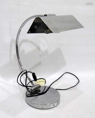 Reproduction Art Deco style chrome desk lamp with single curved arm and circular base