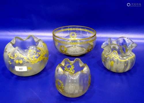 Victorian clear and gilt glass posy bowl with crimped inverted edge, floral and scroll decoration,