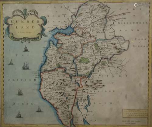 Coloured map After Robert Morden Cumberland   sold by Abel Swale  37 x 43cm , framed.