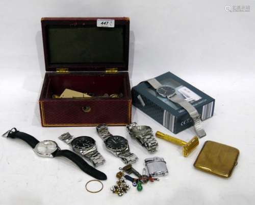 Assorted gent's watches, a yellow metal cigarette case, etc (2 boxes)