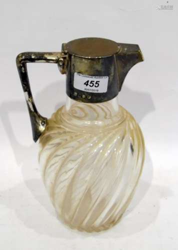 Silver-mounted glass claret jug with glass wrythen body, with hallmarked silver handle and lid by