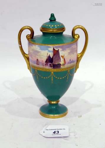 Mintons two handled porcelain vase on cover shouldered ovoid with frieze painted with sailing