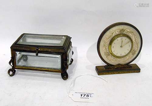 Gilt metal and cut glass small casket and a small dressing table clock with gilt metal having gilt