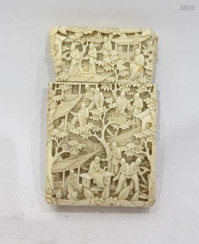 Chinese carved ivory card case, allover decorated with figures on verandas and trees, 12cm (