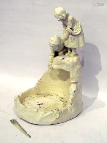 Cream painted composite birdbath in the form of two children reaching down a well, 44cm high approx