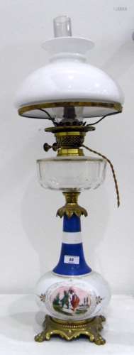 Victorian painted opaque glass and brass oil lamp converted to electricity, having cut glass clear
