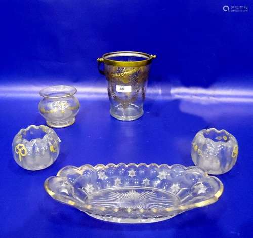 Gilt ice bucket with floral inscribed decoration, three posy bowls and a moulded oval dish with