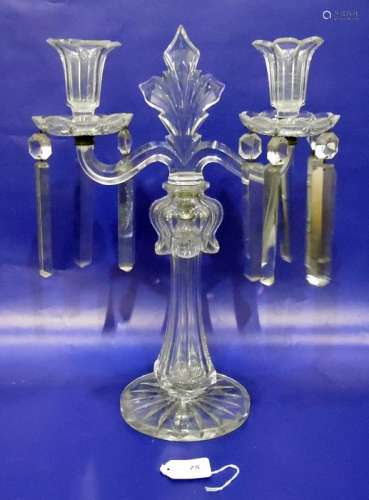 Regency-style cut-glass candelabrum with pair scroll branches, prismatic cluster drops to the