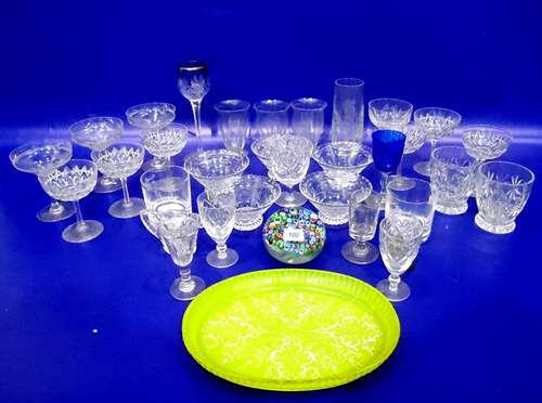 Quantity stemmed wines, cut glass champagne, millefiori glass paperweight, gilt liqueur bottle and