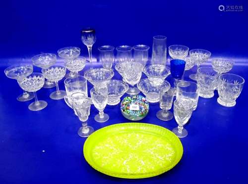 Quantity stemmed wines, cut glass champagne, millefiori glass paperweight, gilt liqueur bottle and