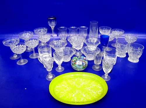 Quantity stemmed wines, cut glass champagne, millefiori glass paperweight, gilt liqueur bottle and