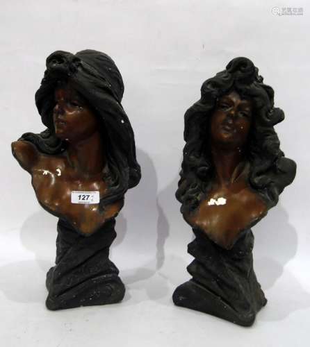 Pair Art Nouveau painted composition busts of long haired women, bronze and black painted, 