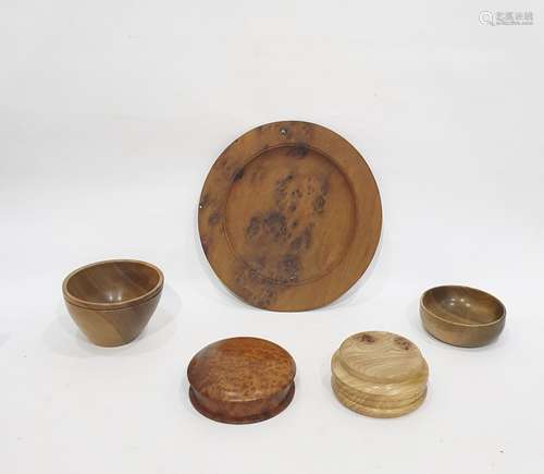 Turned burr elm platter, circular, turned bubinga bowl, amazaque bowl and another bowl and cover (