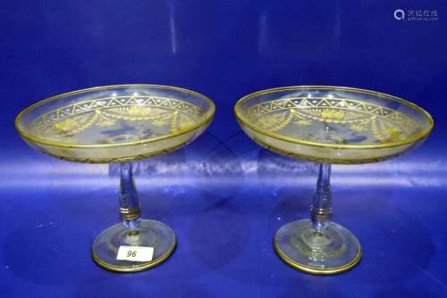 Pair Late Victorian/Edwardian gilt and clear comports each with floral and swag decoration on