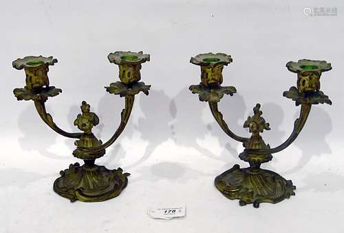 Pair gilt brass table candleabra, each having pair reeded foliate branches and on scroll base 18cm