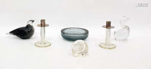 Swedish glass paperweight in the form of a bird, a bubble glass ashtray, two further paperweights